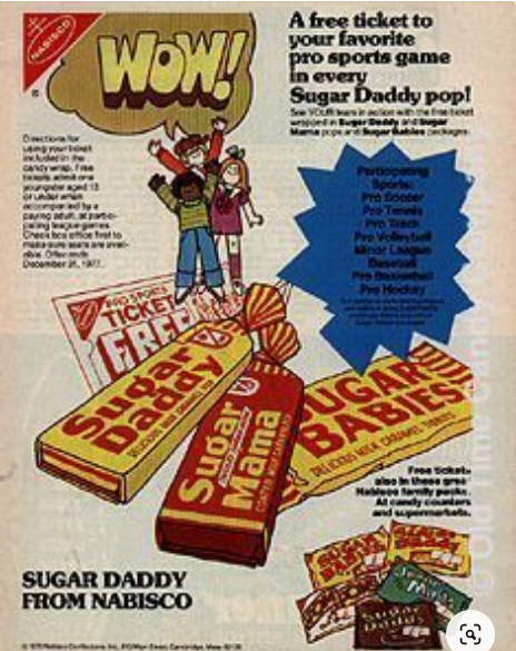 anúncio de revista de 1976, que inclui Sugar Mama (1965) e Sugar Baby (1935).